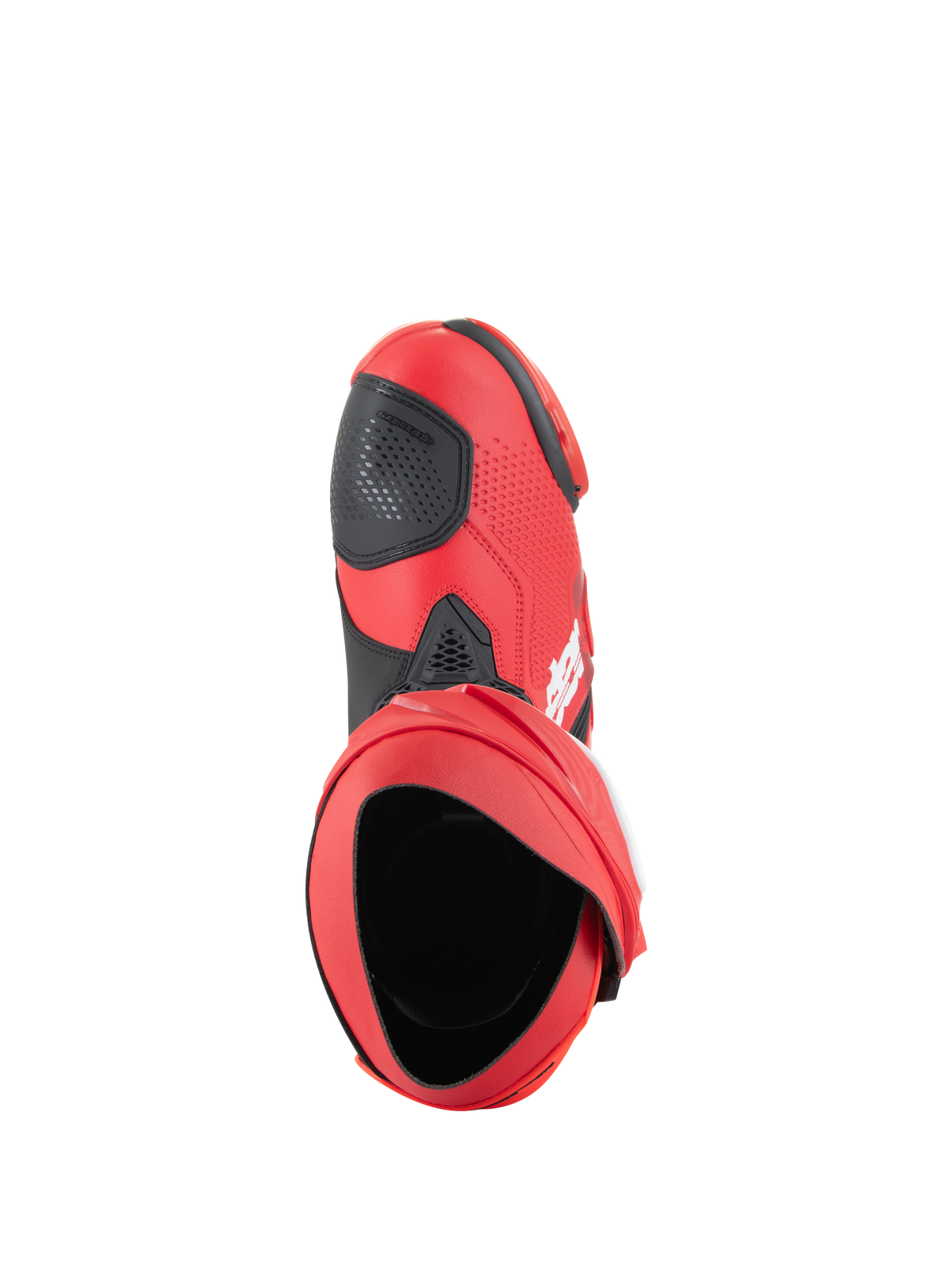 Botas Alpinestars Supertech R, botas de corrida de motociclismo, vermelho brilhante e vermelho néon, perspetiva de cima mostrando a abertura interior e a proteção de seletor preta, design de alta performance para pista e estrada