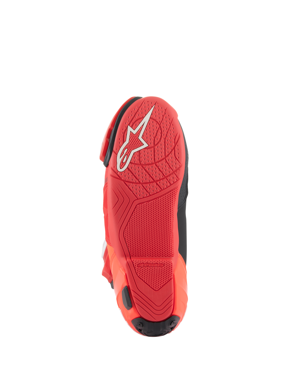 Botas Alpinestars Supertech R, botas de corrida para motociclismo, Vermelho Brilhante Vermelho Fluo, vista da sola com padrão de aderência texturizado e logótipo Alpinestars branco