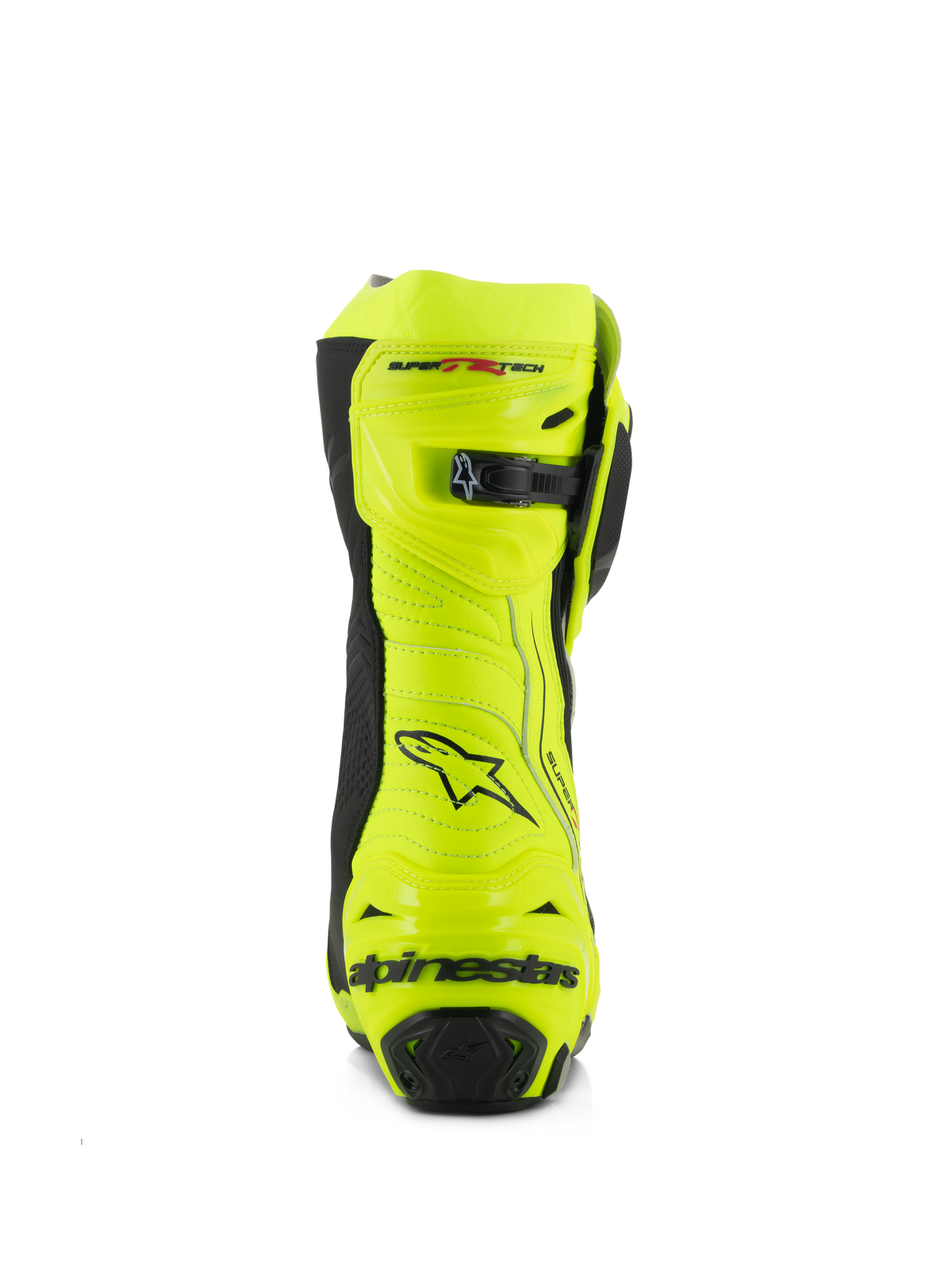 Alpinestars Supertech R Boots, Motorcycle Racing Boots, Yellow Fluo and Black, rear view featuring reinforced heel protector, adjustable calf closure, and bold branding, high-visibility fluorescent finish for track and road performance