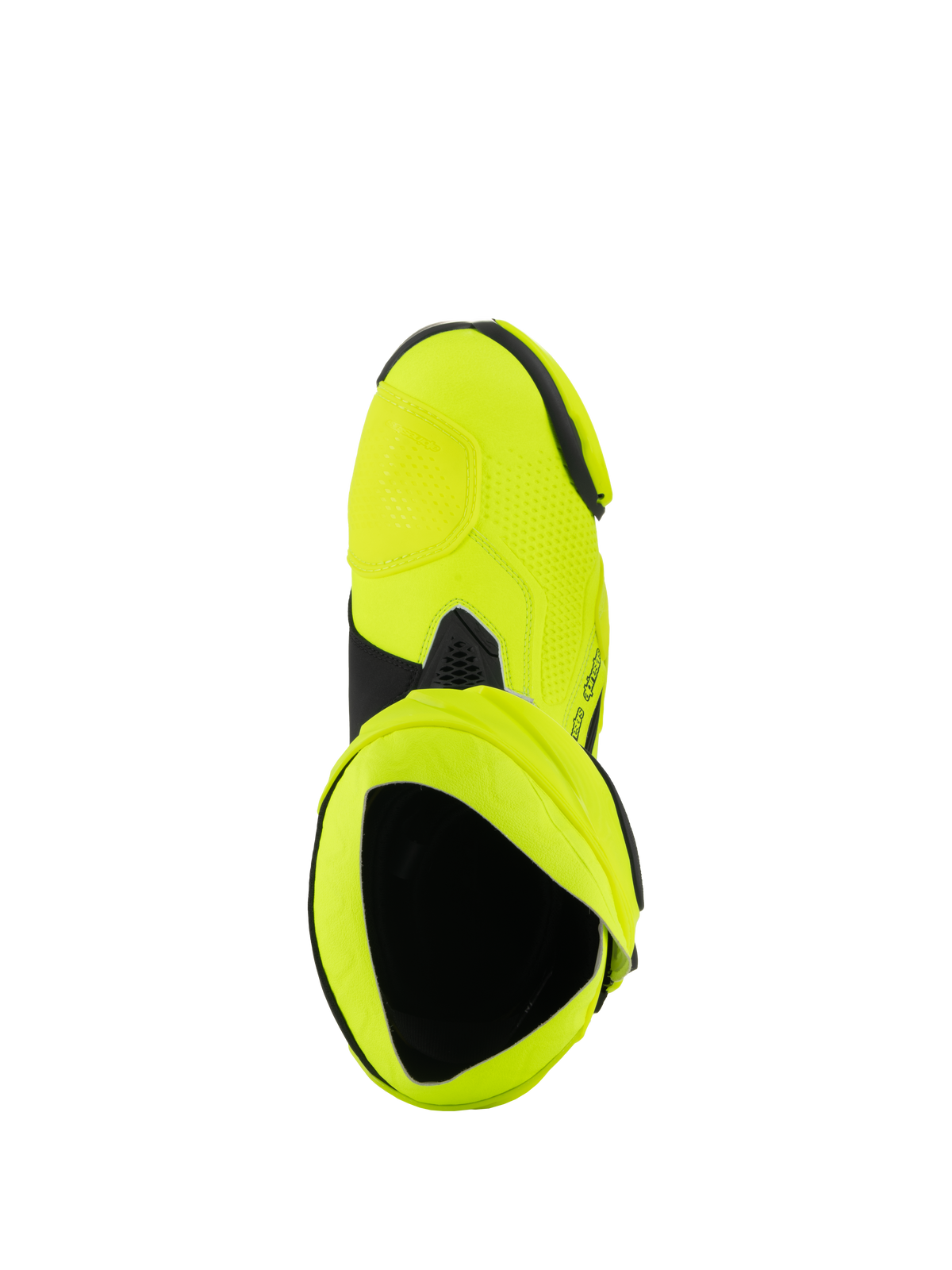 Alpinestars Supertech R Boots, Motorcycle Racing Boots, Yellow Fluo Black, top-down view looking into the boot interior, bright neon yellow finish with black accents and gaiter detail