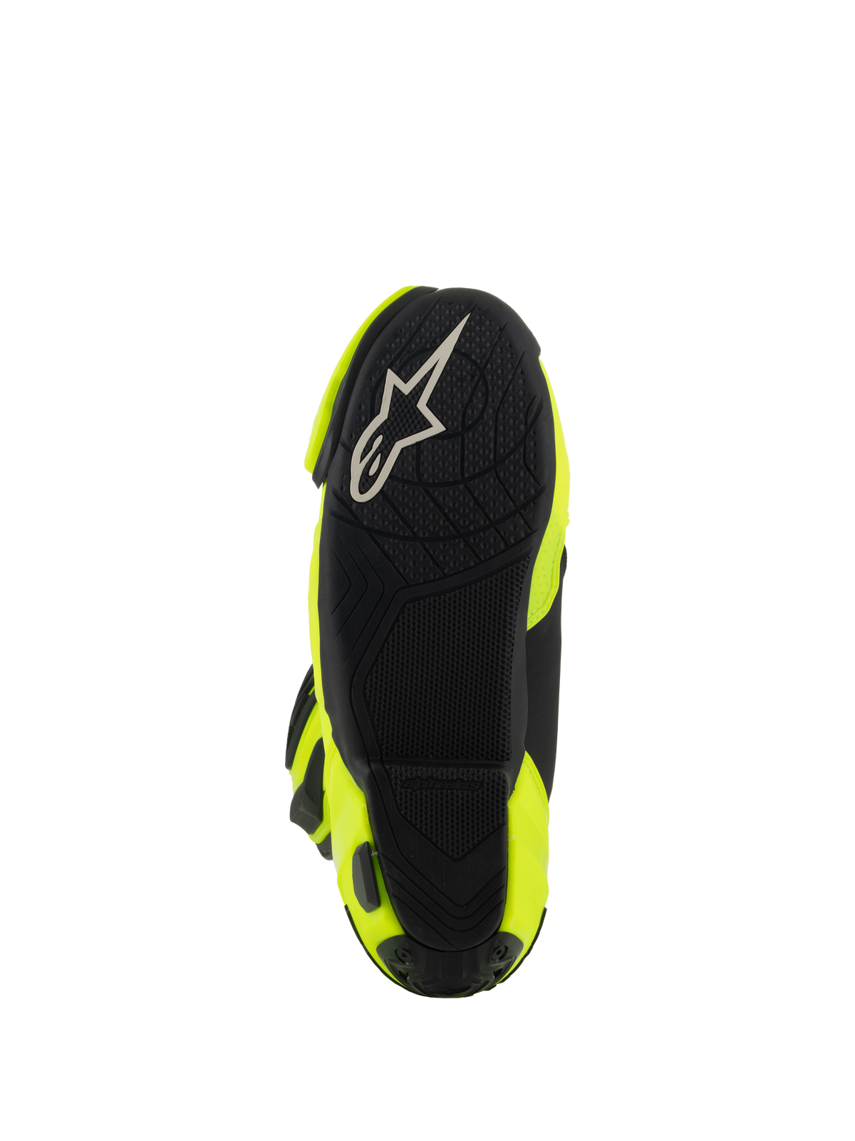 Alpinestars Supertech R Boots, Motorcycle Racing Boots, Yellow Fluo Black, bottom view showing black textured sole with white Alpinestars logo and bright yellow side panels