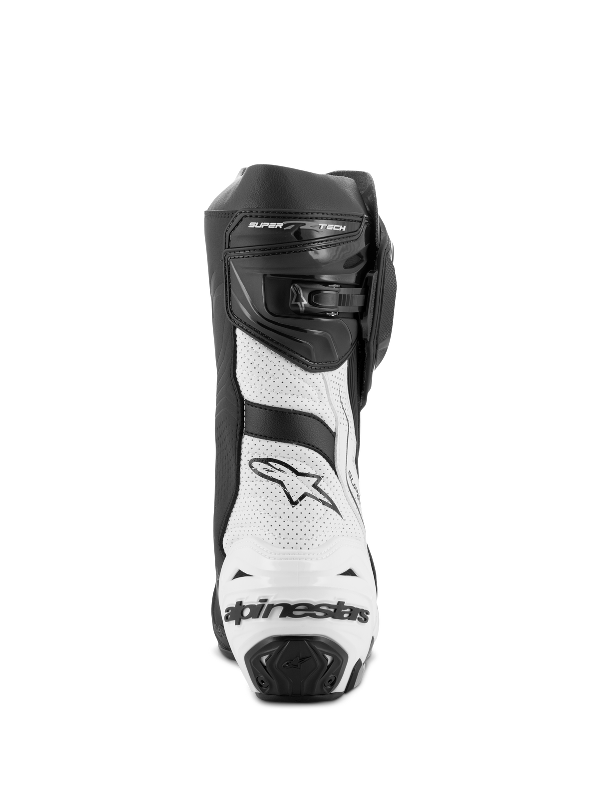 Alpinestars Supertech R Vented Boots, Motorcycle Racing Boots, Black and White, rear view showing white perforated microfiber panels, black TPU heel protector with Alpinestars logo, and adjustable closure system