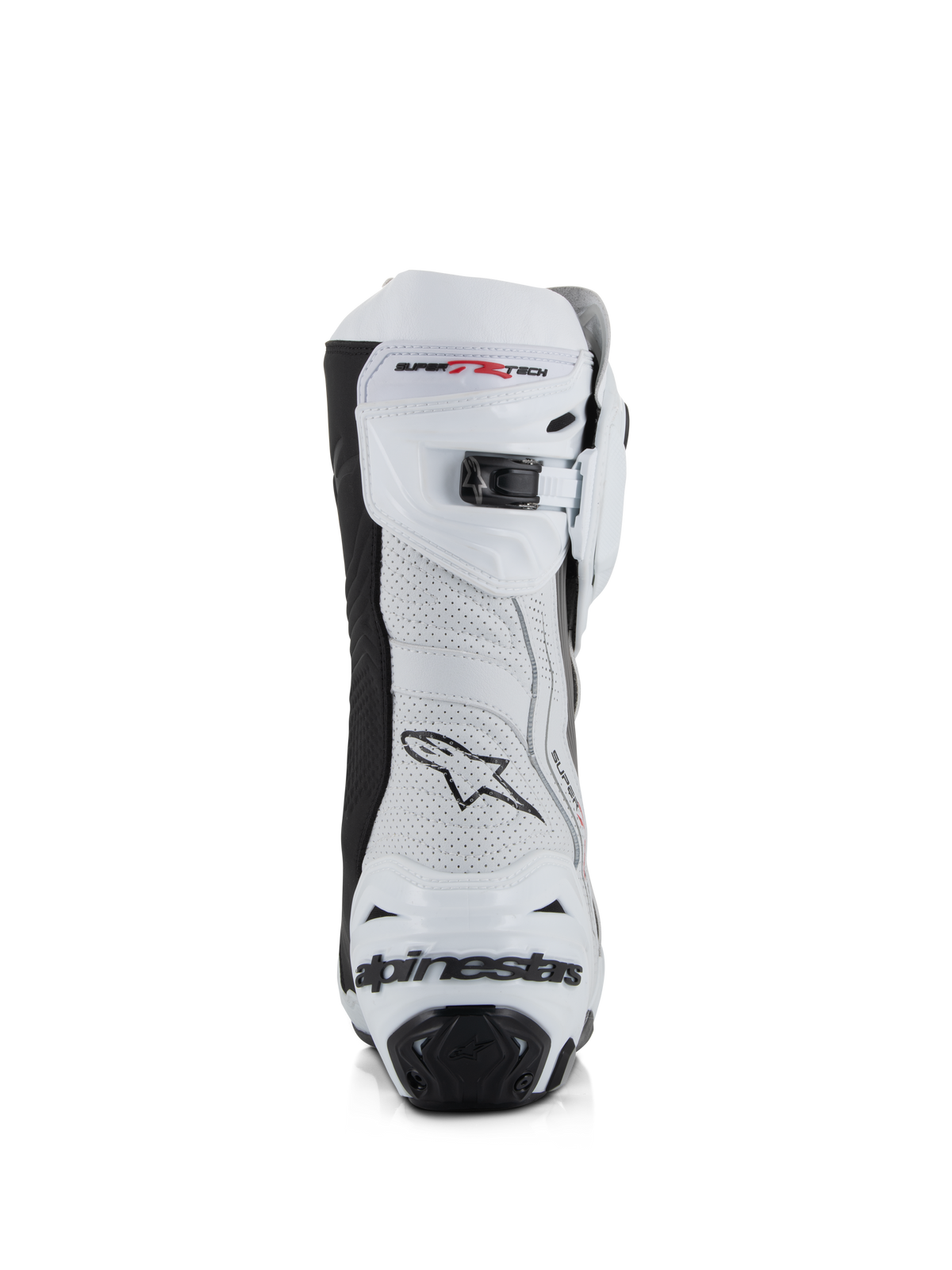 Alpinestars Supertech R Vented Boots, White Mid Gray and Black, rear view featuring perforated microfiber upper, micro-adjustable ratchet closure at the top, and integrated heel protection with Alpinestars logo.