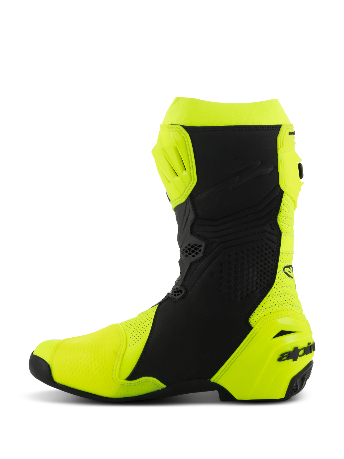 Alpinestars Supertech R Vented Boots, Professional Racing Motorcycle Boots, Yellow Fluo and Black, medial side profile, perforated microfiber construction for high airflow, TPU protective shin and heel plates, sleek aerodynamic design for competitive track riding