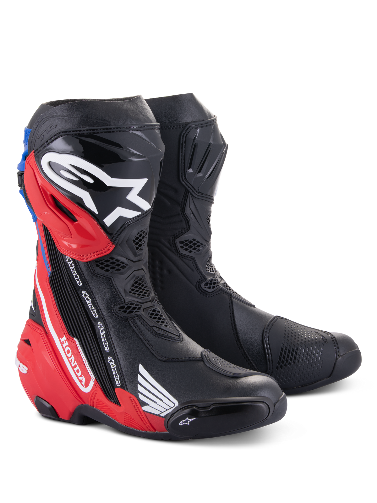 Alpinestars Honda Supertech R Boots, botas de corrida de motociclismo, pretas, vermelho brilhante e azul, com caneleiras em TPU, marca Honda e design aerodinâmico avançado para performance em pista e estrada