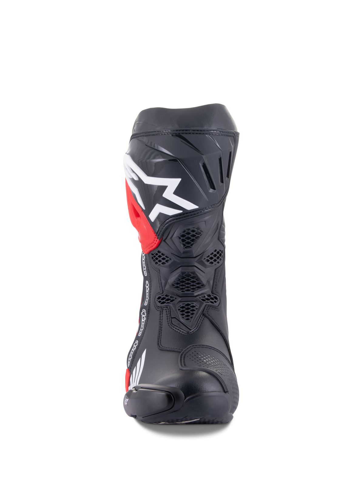 Botas Alpinestars Honda Supertech R, botas de corrida de motociclismo, pretas com detalhes em vermelho e branco, vista frontal mostrando ventilação em malha de favo de mel, logótipo branco grande na canela e construção em microfibra de alto desempenho