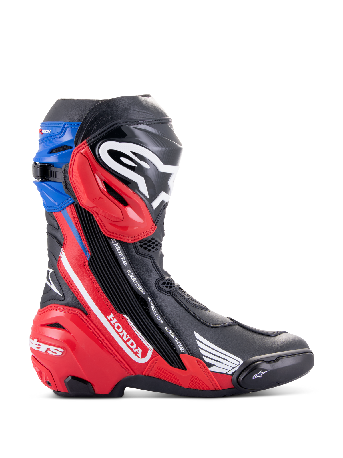 Botas Alpinestars Honda Supertech R, botas de motociclismo de corrida, pretas, vermelho vivo e azul, com marca Honda branca no painel lateral vermelho, logótipo Alpinestars na canela, polaina superior azul, design aerodinâmico elegante com proteção TPU avançada