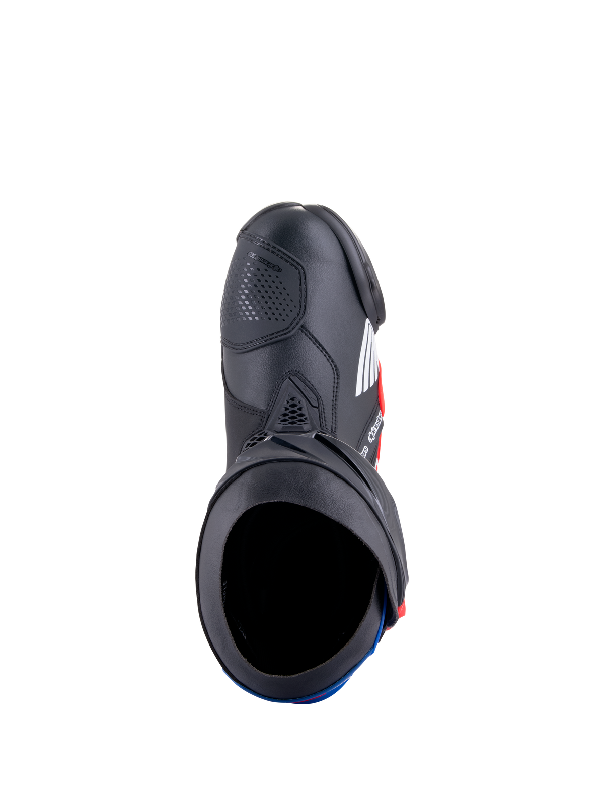 Botas Alpinestars Honda Supertech R, botas de corrida para motociclismo, pretas, vermelho brilhante e azul, vista superior mostrando a abertura da bota e a construção em microfibra, com placas protetoras em TPU e um design de corrida aerodinâmico