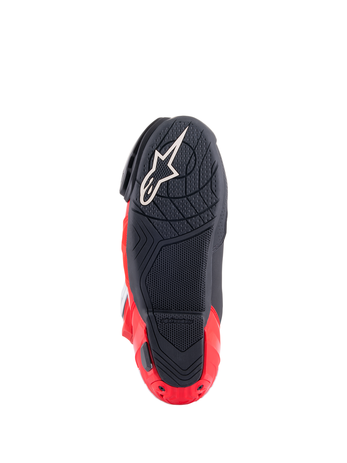 Botas Alpinestars Honda Supertech R, vista da sola, pretas e vermelho vivo, com composto de borracha texturizada para aderência, logótipo Astar branco na parte frontal e slider de calcanhar vermelho, calçado de motociclismo de alta performance