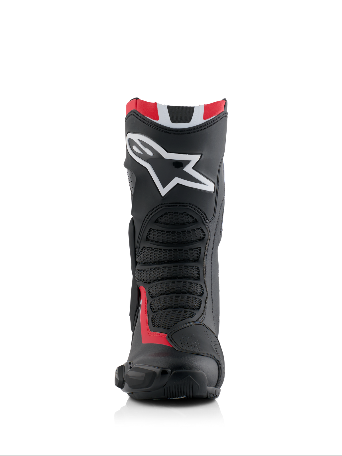 Botas Alpinestars Honda SMX-6 V3, botas de motociclismo de alta performance, pretas, vermelho brilhante e branco, vista frontal com um grande logótipo Alpinestars branco na canela, zonas de flexão em malha texturizada e perfil protetor aerodinâmico