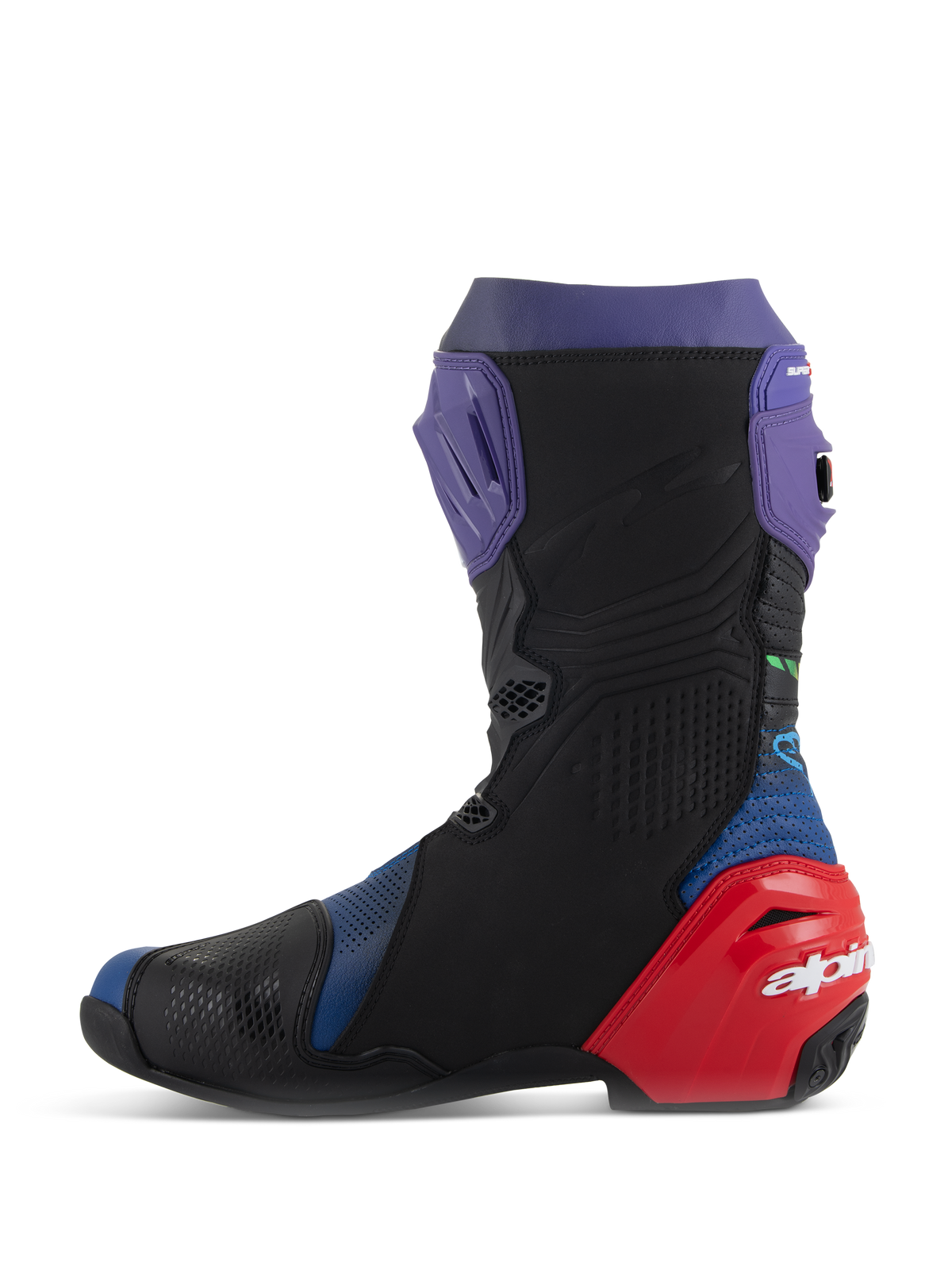 Alpinestars Supertech R LE Martinator R01 Vented Boots, Racing Motorcycle Boots, Blue Purple Red and Black, side profile view featuring perforated microfiber, purple shin plate, and red heel protector with white branding.