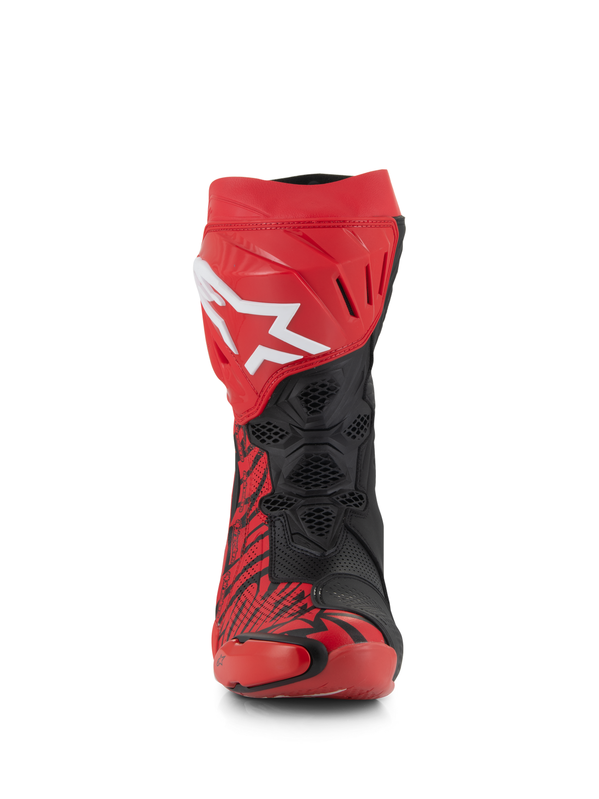 Botas Alpinestars Supertech R LE Pecco Bagnaia Ventiladas, botas de corrida em vermelho e preto, vista frontal, com um grande logótipo Alpinestars branco na placa da canela vermelha, zonas de malha perfurada preta para máxima circulação de ar e padrões gráficos arrojados em vermelho e preto.