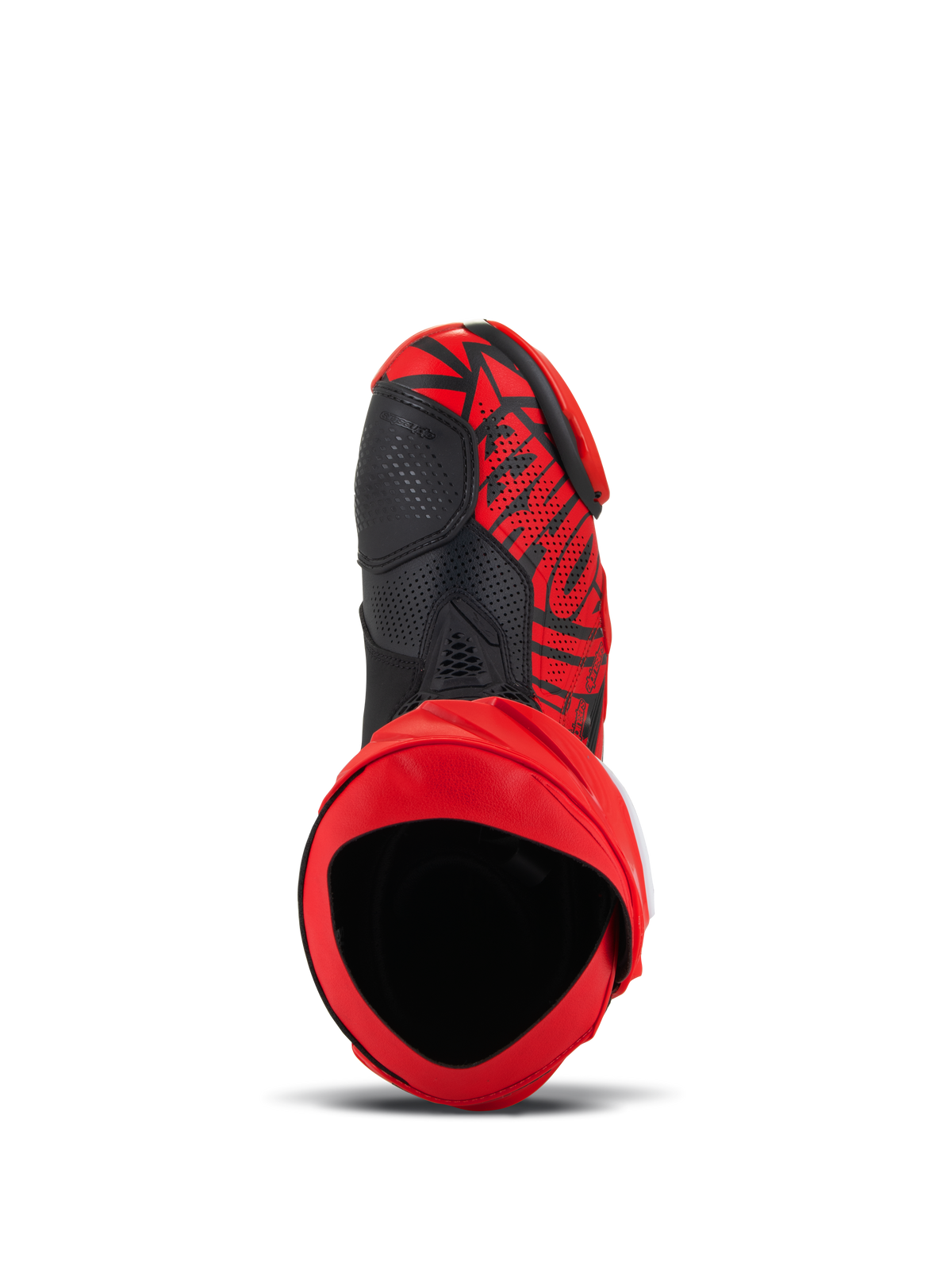 Botas Alpinestars Supertech R LE Pecco Bagnaia Ventiladas, vermelhas e pretas, vista superior mostrando a abertura interior e a parte superior em microfibra perfurada, design gráfico arrojado com detalhes em preto, equipamento profissional de motociclismo de competição