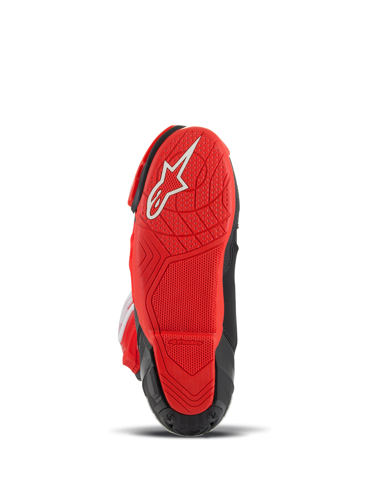 Alpinestars Supertech R LE Pecco Bagnaia Ventiladas, botas de corrida de motociclismo, vermelhas e pretas, vista inferior destacando a sola de borracha vermelha com logótipo branco e rasto texturado para aderência