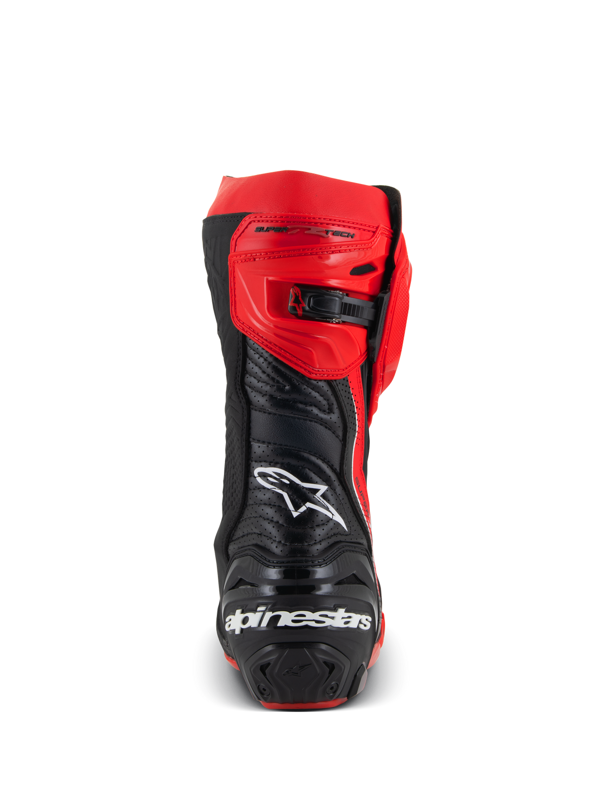 Botas Alpinestars Supertech R LE Pecco Bagnaia Ventiladas, vista traseira de uma bota de corrida de motociclismo vermelha e preta, design em pele perfurada, logótipo Alpinestars branco na parte traseira, fecho de catraca ajustável, equipamento profissional de pista