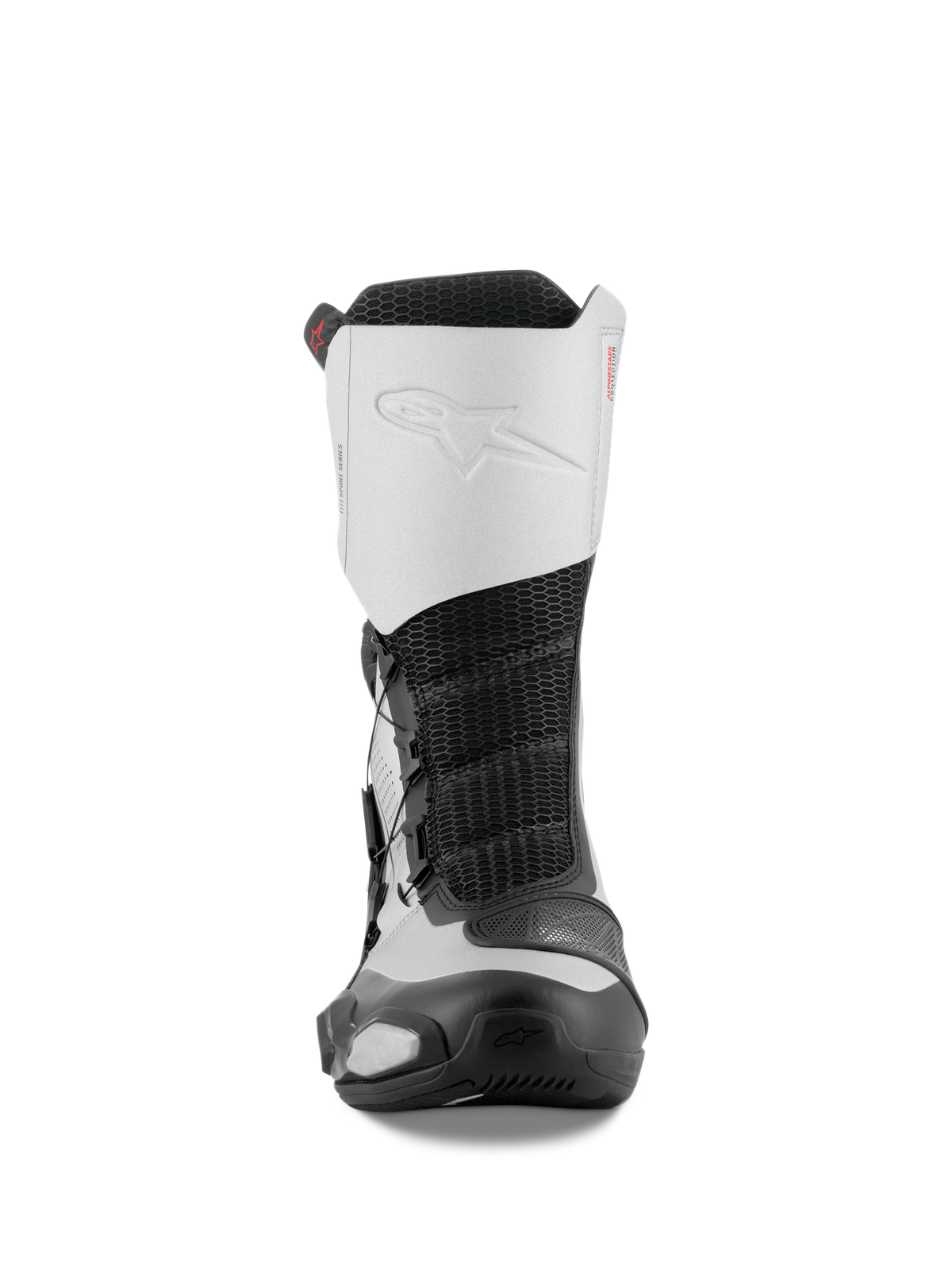 Botas Alpinestars SP-X BOA, vista frontal, Preto e Prateado, botas de motociclismo desportivas de altura média com parte superior em microfibra branca e logótipo em relevo, centro em malha preta e componentes de proteção em TPU