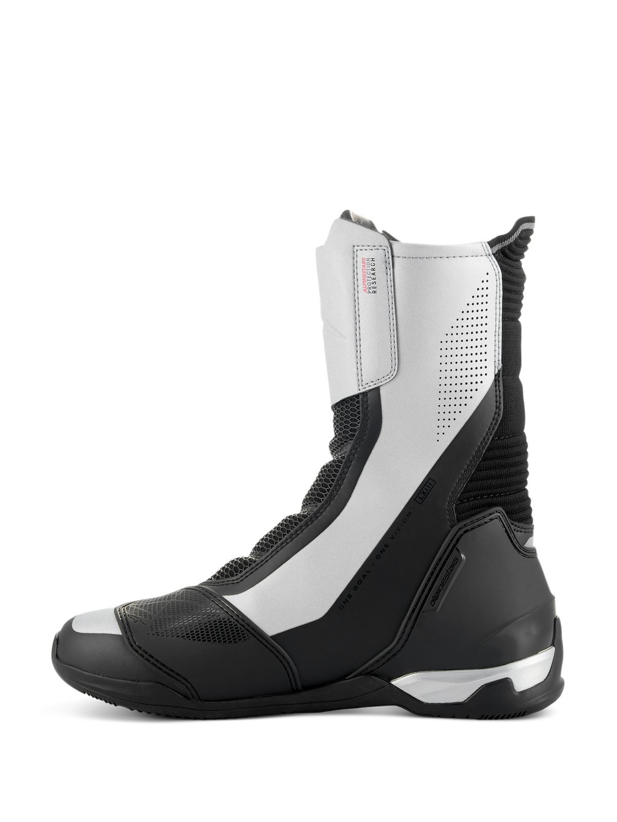 Alpinestars SP-X BOA Boots, botas de motociclismo desportivas de altura média, pretas e prateadas, perfil lateral elegante com painéis prateados e detalhes perfurados, proteção de calcanhar em TPU preto e logótipo Alpinestars