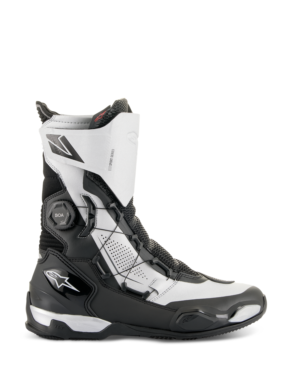 Botas Alpinestars SP-X BOA®, botas de motociclismo desportivas de cano médio, pretas e prateadas, com sistema de ajuste BOA lateral, proteção em TPU e material Rideknit respirável, design elegante para condução sport touring