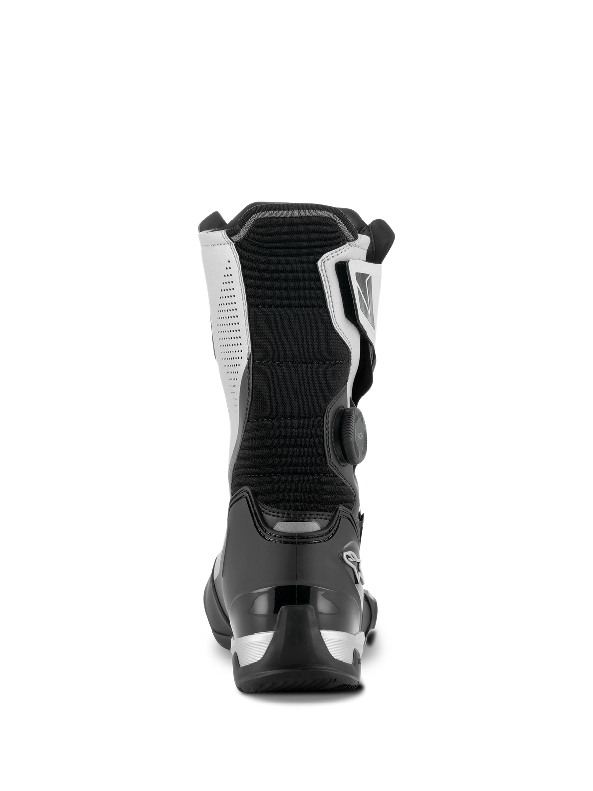 Botas Alpinestars SP-X BOA®, Pretas e Prateadas, vista traseira de bota de motociclismo de altura média para sport touring, com contraforte de calcanhar em TPU preto, painéis laterais prateados e disco lateral do Sistema de Ajuste BOA, design elegante e protetor.