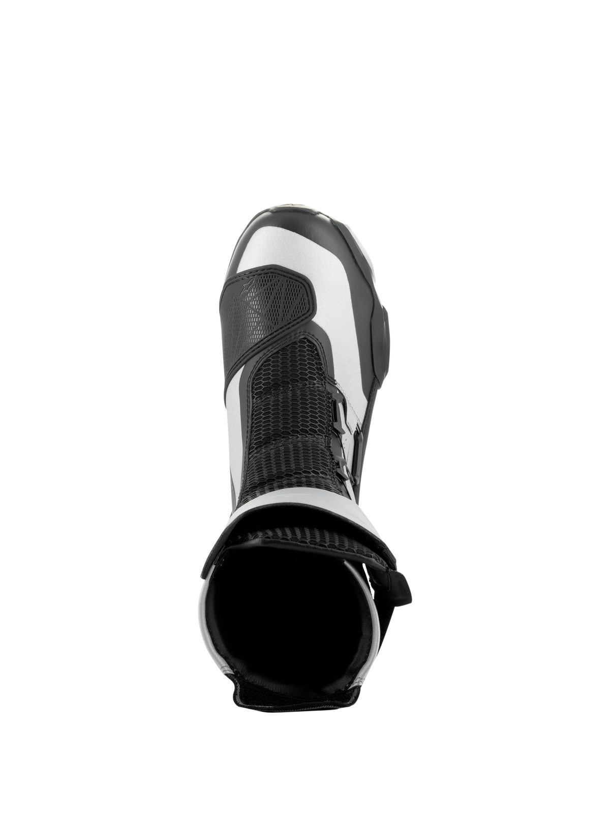 Botas Alpinestars SP-X BOA, preto e prateado, vista superior mostrando a abertura superior e a língua em malha, botas de motociclismo desportivas de altura média com construção em microfibra avançada e Rideknit