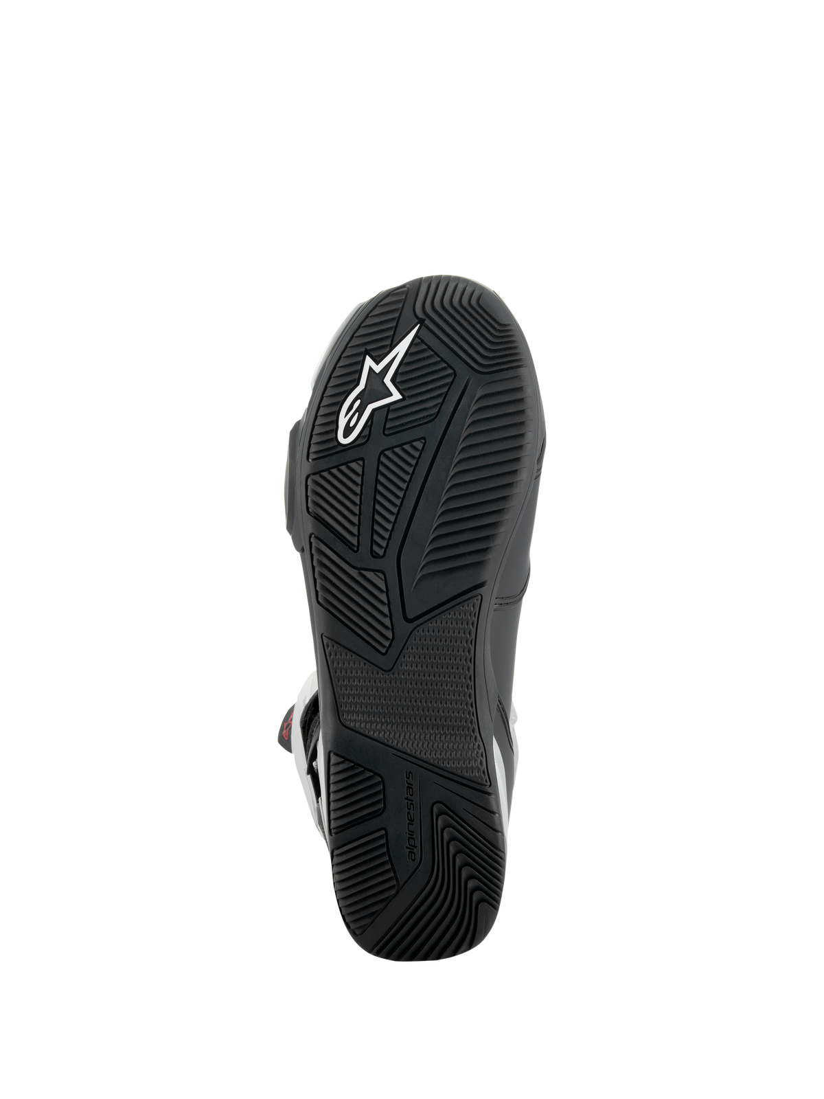 Botas Alpinestars SP-X BOA®, vista da sola, pretas, com sola exterior de borracha texturizada, logótipo de estrela branco, design de calcanhar assimétrico para estabilidade e padrões de rasto especializados para aderência aos poisa-pés