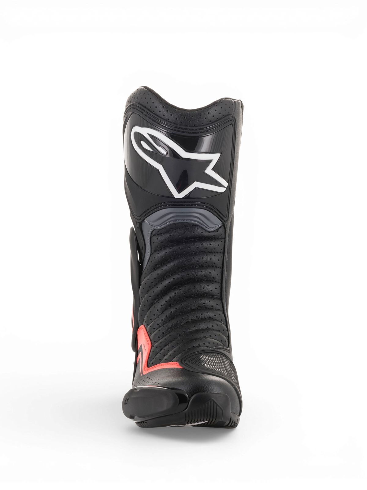 Alpinestars SMX-6 V2 Vented, botas de moto de corrida pretas e cinzentas com detalhes vermelhos fluorescentes, vista frontal com parte superior perfurada, proteção da canela e Toe Slider