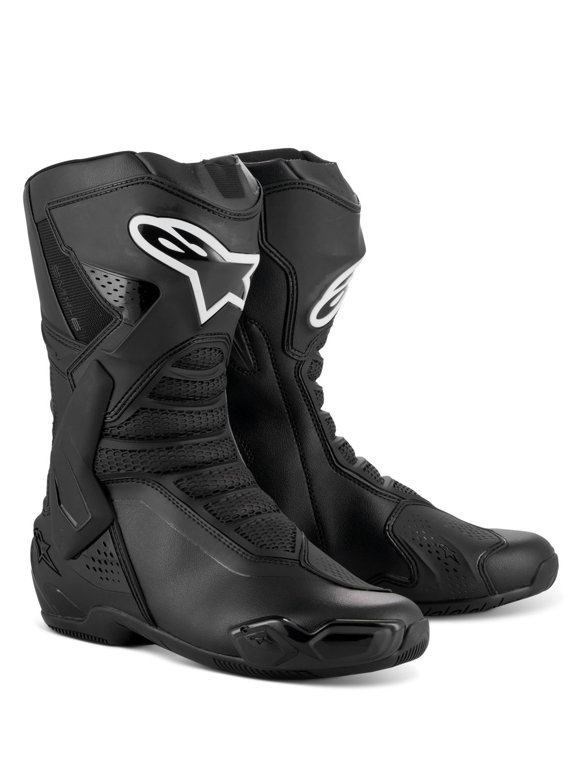 Botas Alpinestars SMX-6 V3, botas de motociclismo de performance, pretas, com proteção de canela e tornozelo em TPU, painéis de malha flexível, design ergonómico para condução desportiva e em pista, logótipo Alpinestars branco na canela