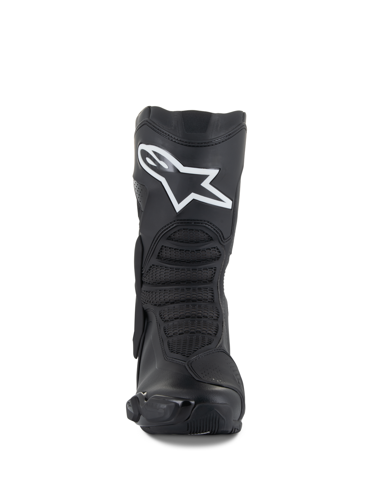 Botas Alpinestars SMX-6 V3, Pretas, botas de alto desempenho para motociclismo, vista frontal com um logótipo Astar branco proeminente na canela, zonas de flexão frontais texturadas e elementos de proteção em TPU elegantes.