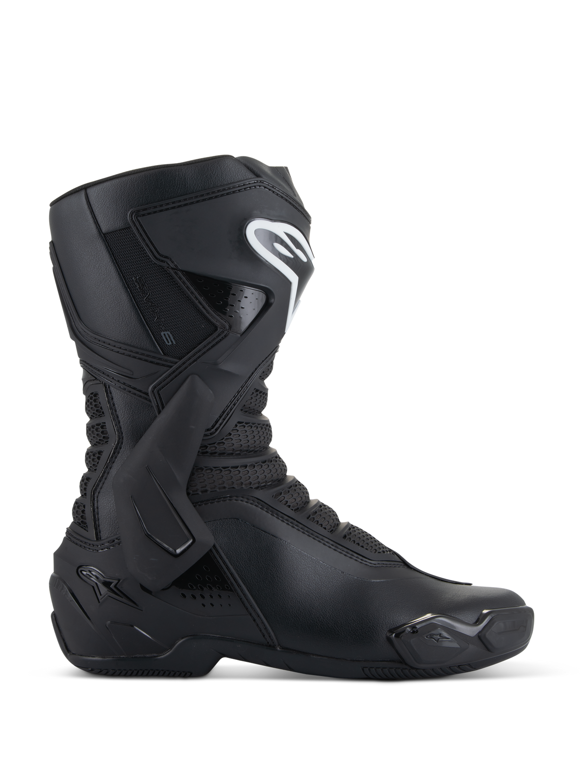 Botas Alpinestars SMX-6 V3, botas de pista pretas, vista de perfil lateral, parte superior em microfibra com suporte lateral de tornozelo em TPU e proteção de canela, logótipo Alpinestars branco na canela, deslizador de biqueira substituível, calçado de condução desportiva de alta performance