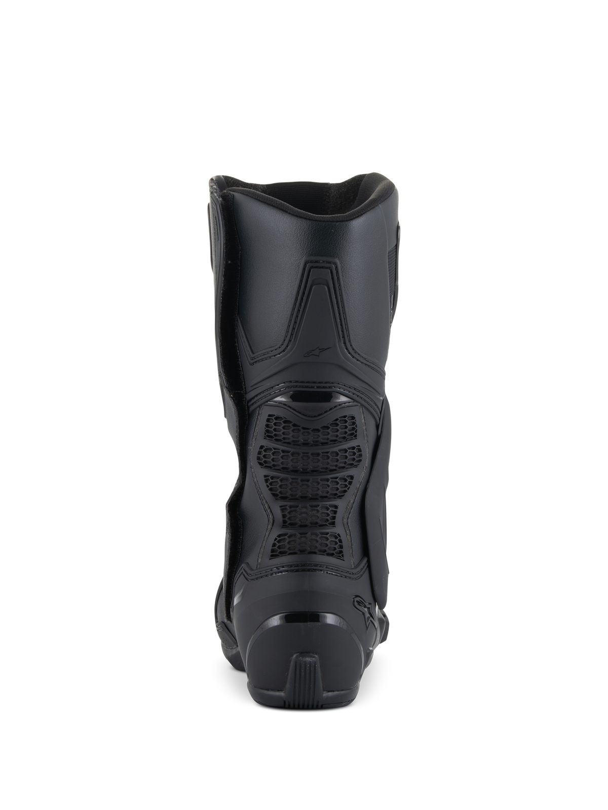 Alpinestars SMX-6 V3 Boots, botas de motociclismo de performance, pretas, vista traseira mostrando o calcanhar reforçado, zona de flexão traseira em malha 3D e design ergonómico elegante para condução em pista e estrada