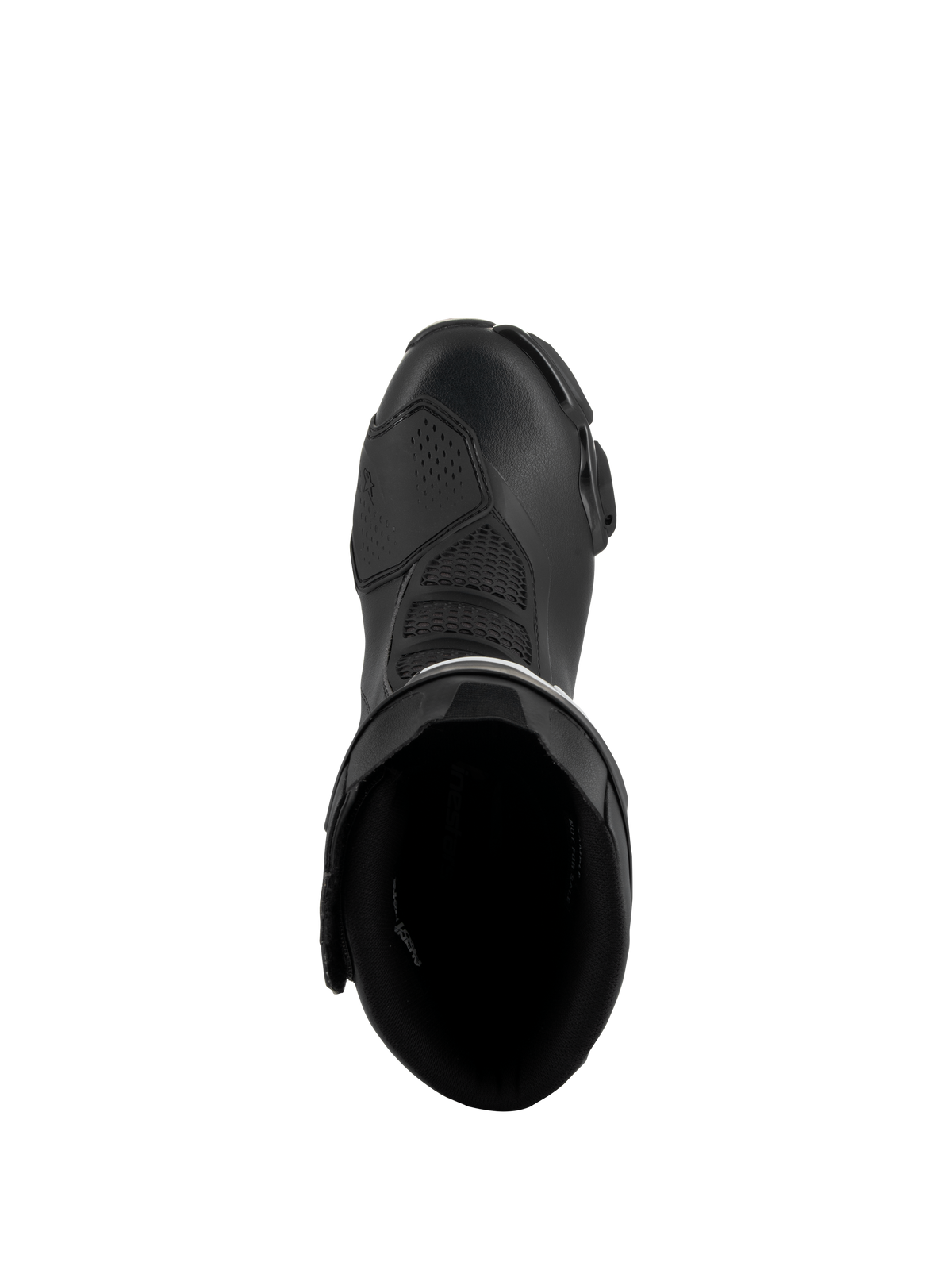 Botas Alpinestars SMX-6 V3, Pretas, vista superior mostrando a abertura interior e a construção superior, calçado de motociclismo de alta performance com materiais de microfibra e zonas de flexão em malha