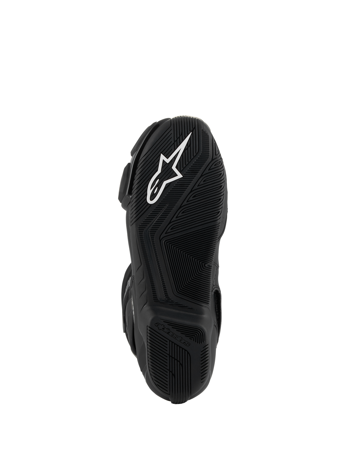 Botas Alpinestars SMX-6 V3, pretas, vista inferior da sola de borracha leve, com um padrão de aderência texturizado, logótipo Astar branco e marca Alpinestars em relevo no calcanhar.