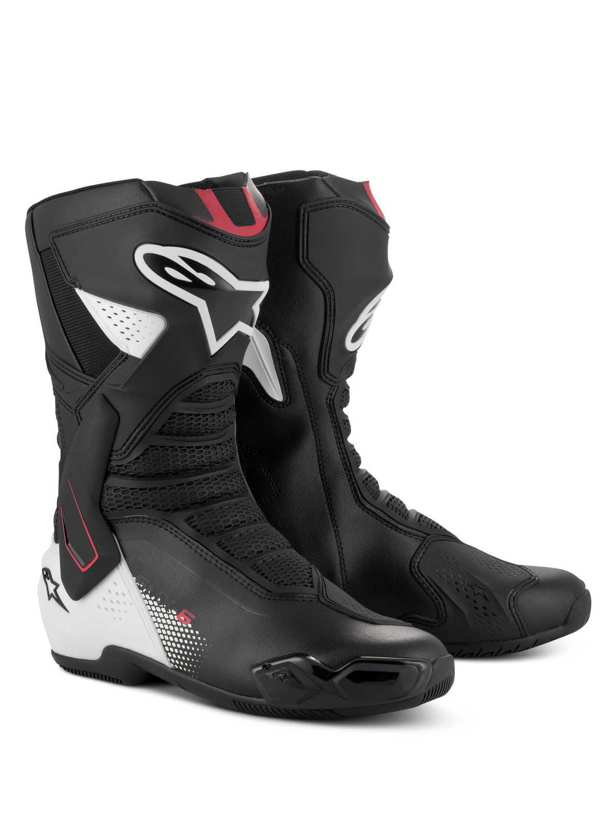 Botas Alpinestars SMX-6 V3, botas de desempenho para motociclismo, grafismo em preto, branco e vermelho, apresentando parte superior em microfibra avançada, sistema de proteção de tornozelo em TPU, zonas de flexão em malha e marca Alpinestars proeminente na panturrilha e no calcanhar.