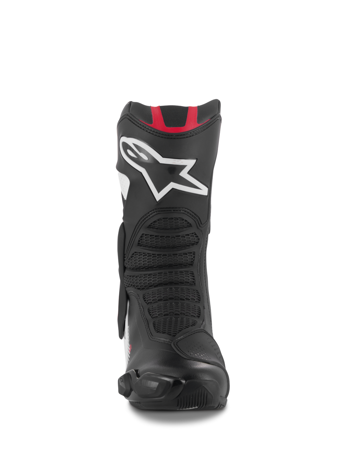 Botas Alpinestars SMX-6 V3, botas de motociclismo de alta performance, grafismo em preto, branco e vermelho, vista frontal com logótipo Astar branco na canela, detalhes em vermelho no topo e zonas de flexão com textura de malha para pista e estrada.