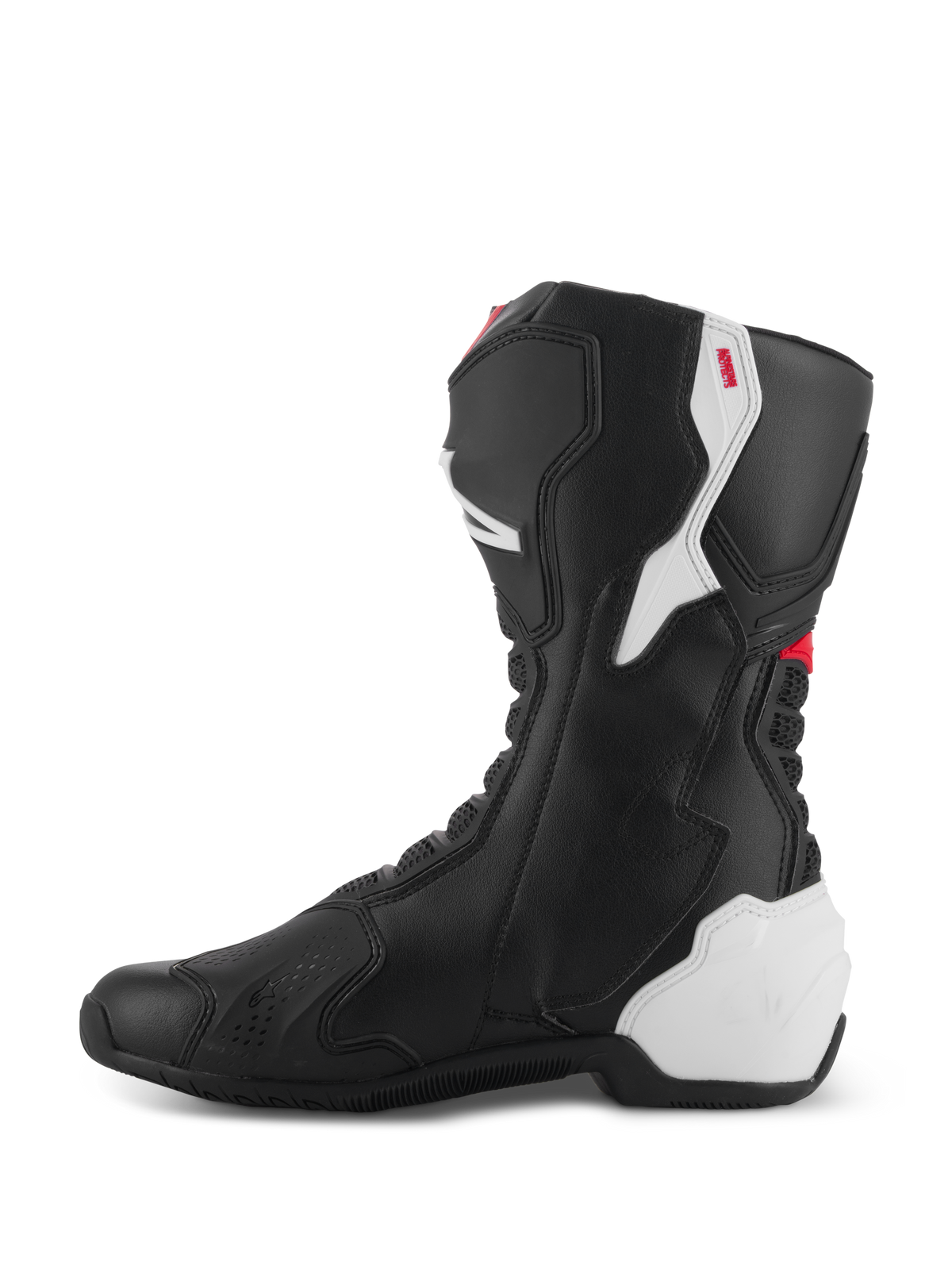 Botas Alpinestars SMX-6 V3, botas de motociclismo de alto desempenho, gráfico preto, branco e vermelho, vista lateral interior, construção em microfibra preta com painéis de proteção em TPU branco no calcanhar e na panturrilha, detalhes em vermelho e zonas flexíveis em acordeão para maior mobilidade e proteção.