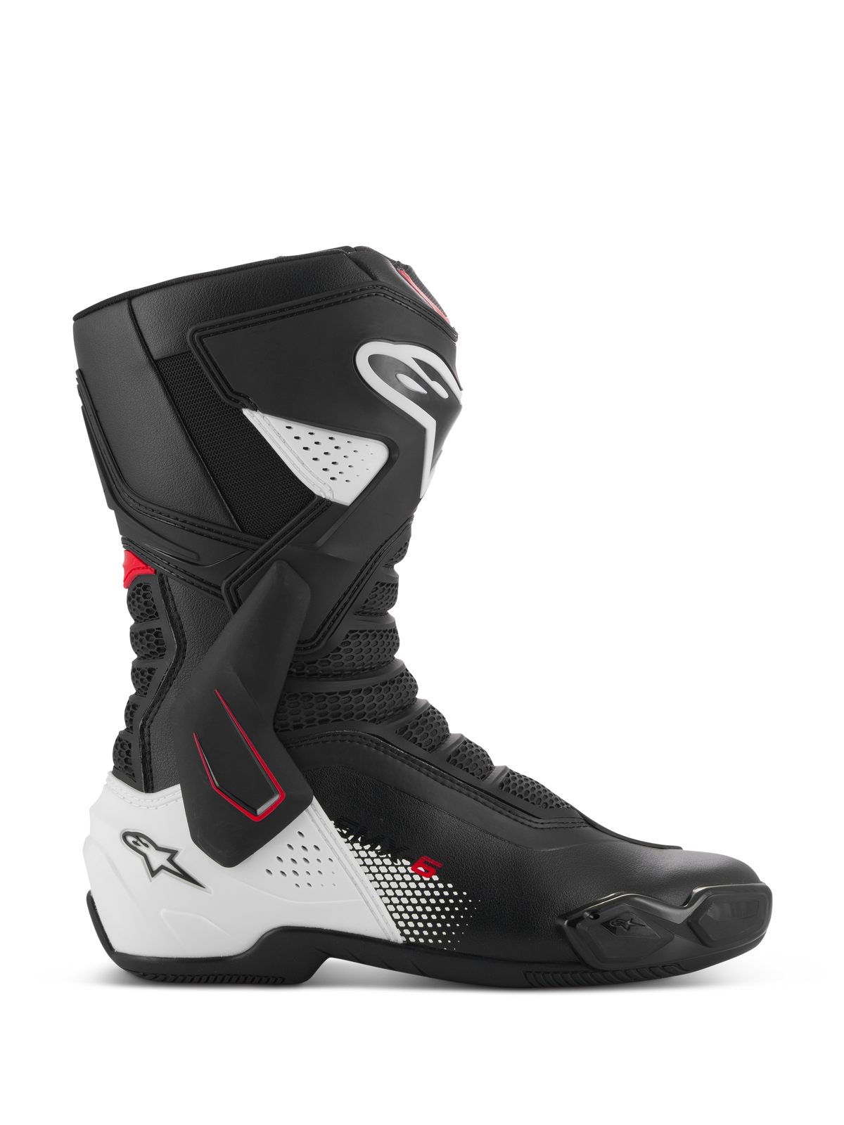Alpinestars SMX-6 V3 Boots, botas de performance para motociclismo de competição, preto, branco e vermelho, perfil lateral com suporte lateral de tornozelo em TPU, proteção reforçada na canela e calcanhar, zonas de flexão em malha perfurada e sliders de biqueira substituíveis para condução em pista e estrada