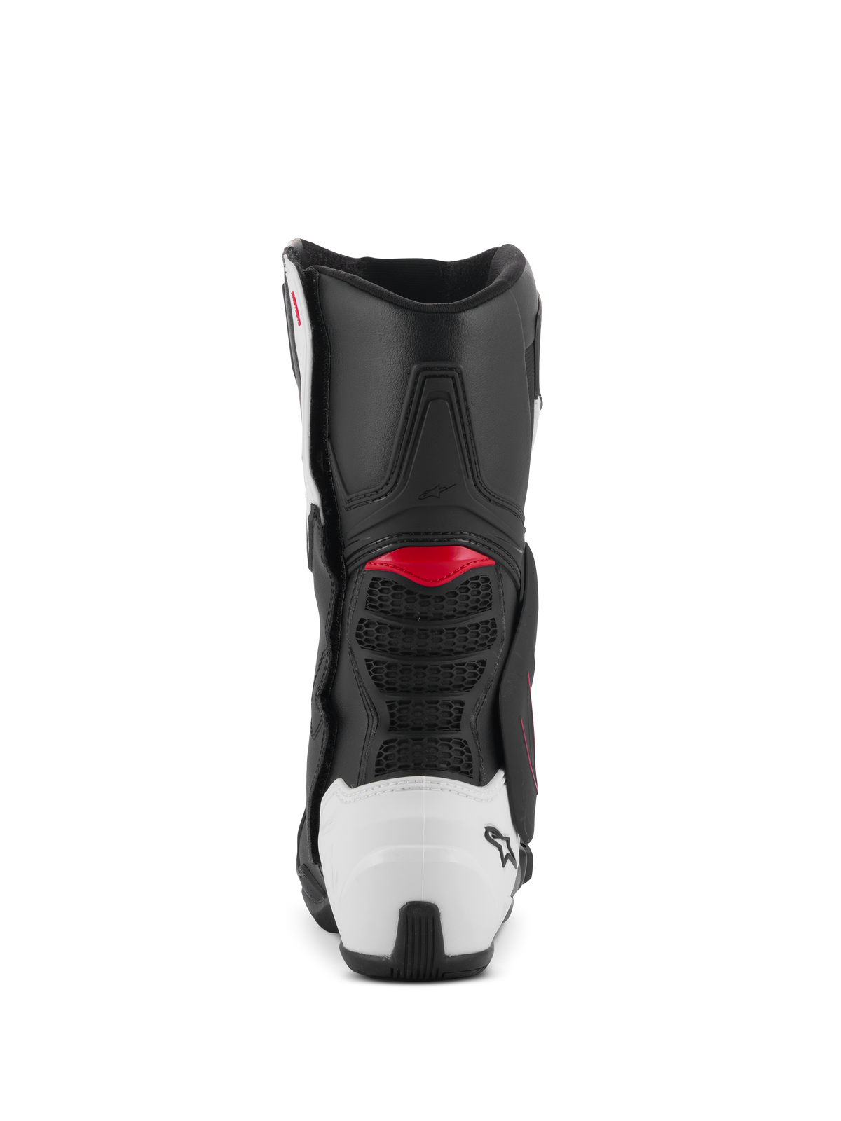 Botas Alpinestars SMX-6 V3, botas de motociclismo de alta performance, grafismo em preto, branco e vermelho, vista traseira com proteção de calcanhar em TPU branco e detalhes em vermelho, concebidas para desempenho em pista e estrada