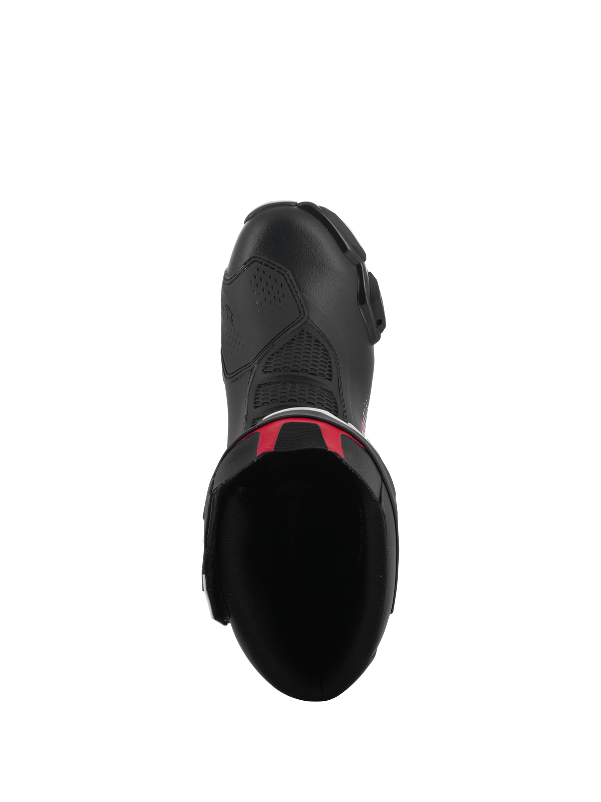 Botas Alpinestars SMX-6 V3, botas de condução de alta performance, pretas com detalhes vermelhos, vista superior mostrando a abertura interior e a camada superior em microfibra, design ergonómico elegante para corridas de motociclismo