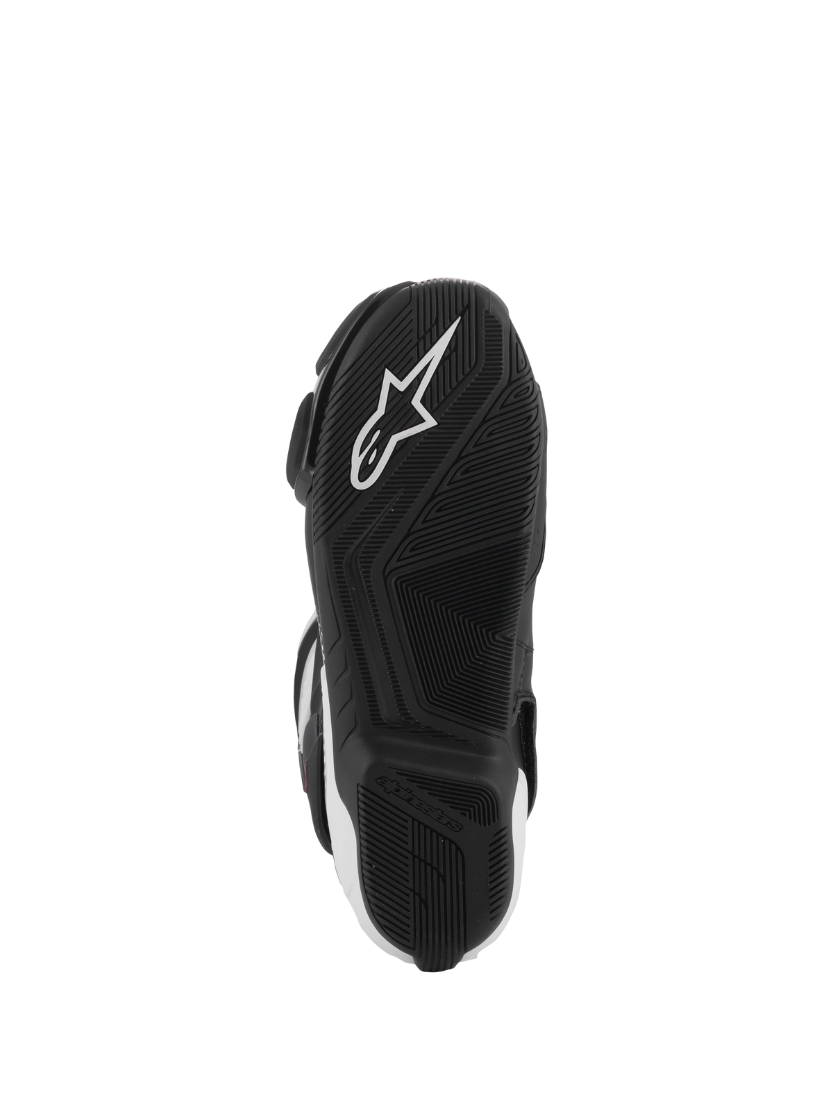 Botas Alpinestars SMX-6 V3, vista inferior da sola, borracha preta com padrão de aderência texturizado, com o logótipo de estrela branco da Alpinestars, calçado de motociclismo de alta performance