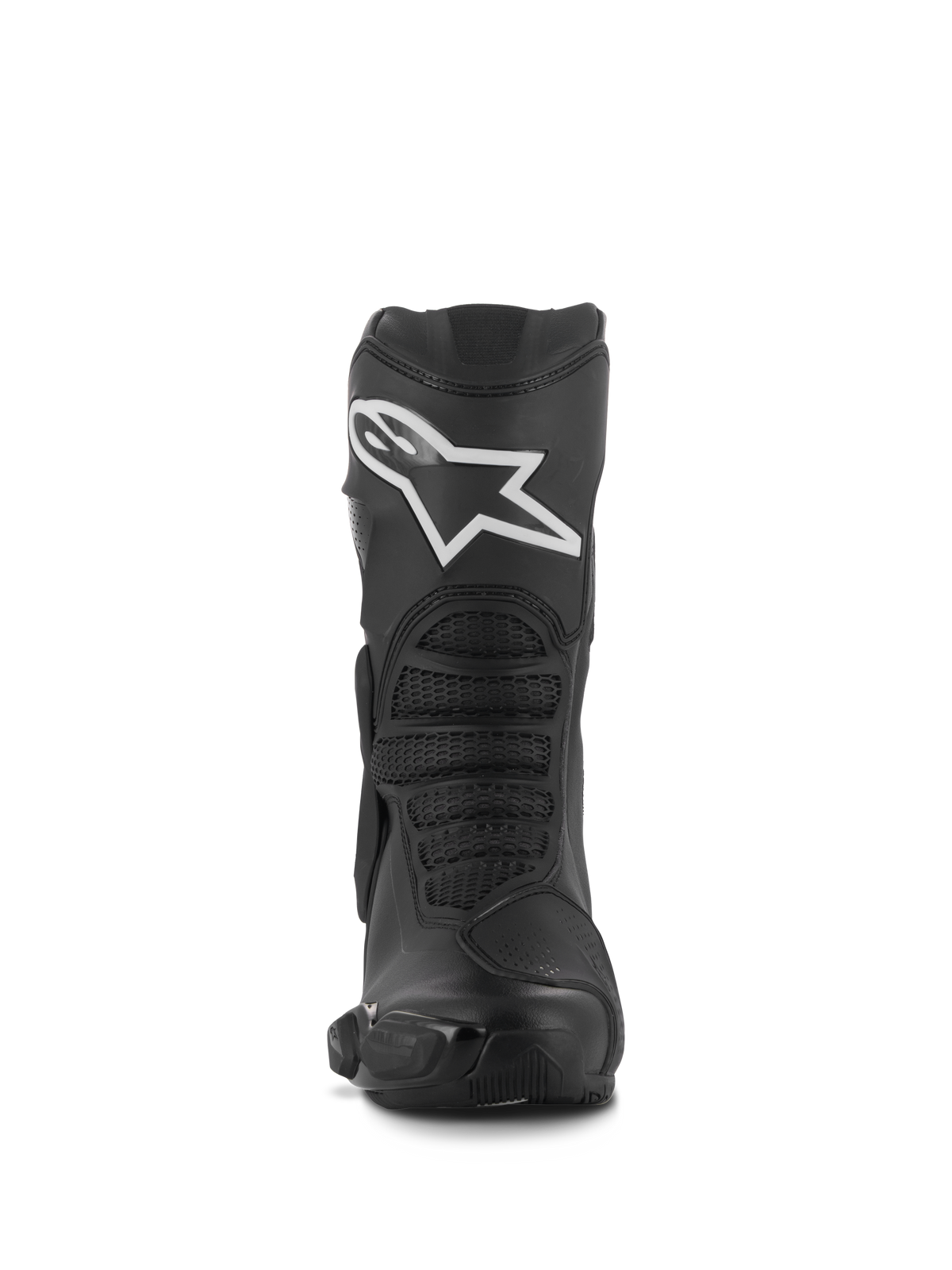 Alpinestars Stella SMX-6 V3 Boots, Women's Performance Riding Boots, Black with White Alpinestars logo, front view featuring TPU shin protector and flexible mesh zones, durable microfiber construction.