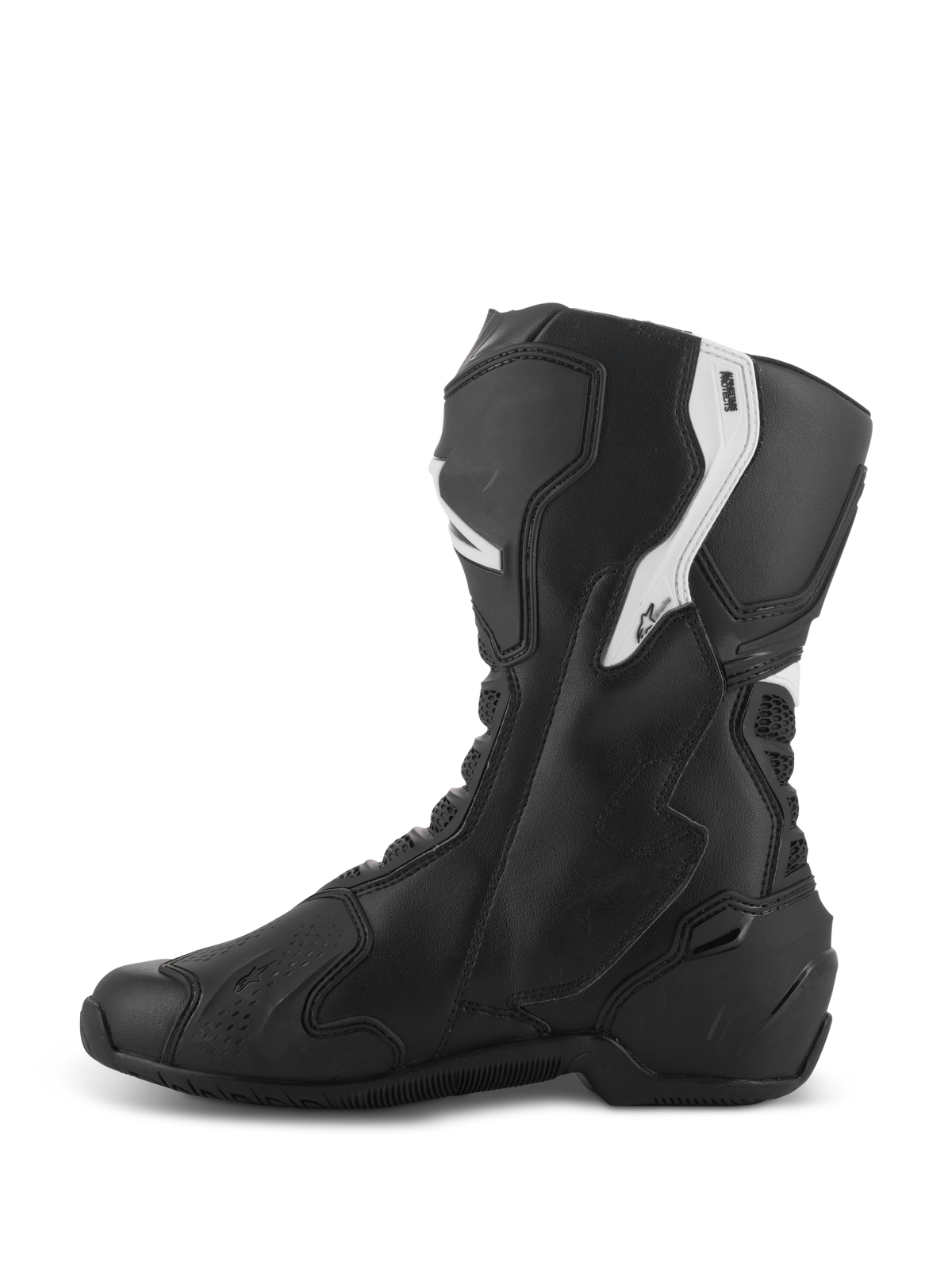 Alpinestars Stella SMX-6 V3 Boots, Women's Performance Riding Boots, Black and White, medial side view featuring ergonomic microfiber upper with TPU shin and ankle protection, flexible mesh zones, and streamlined design for track and street use