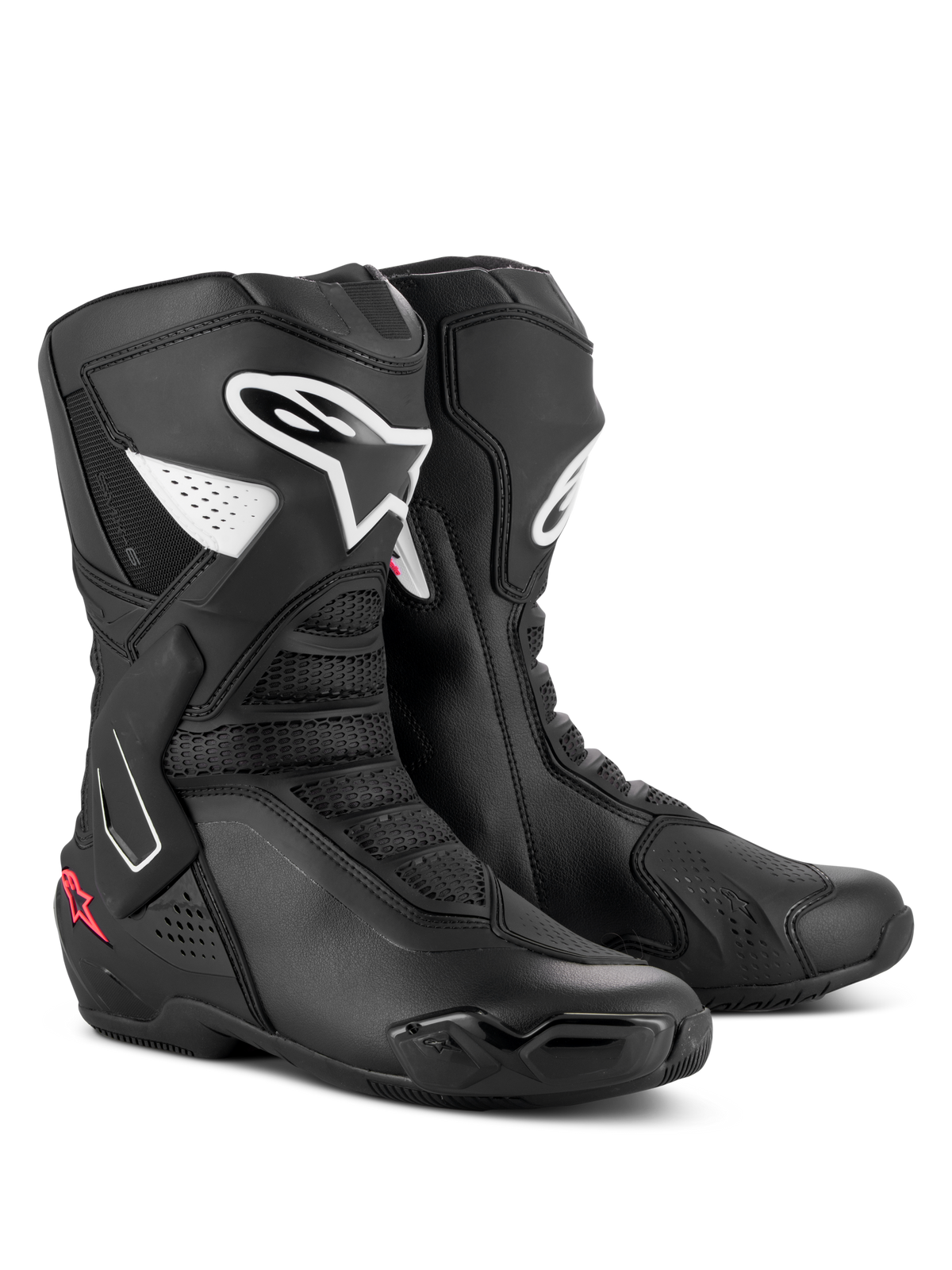 Botas Alpinestars Stella SMX-6 V3, botas de alto desempenho para mulher, em preto, branco e rosa Diva, com logótipos Alpinestars brancos e detalhes de estrela cor-de-rosa, construção elegante em microfibra com protetores TPU para performance em pista e estrada