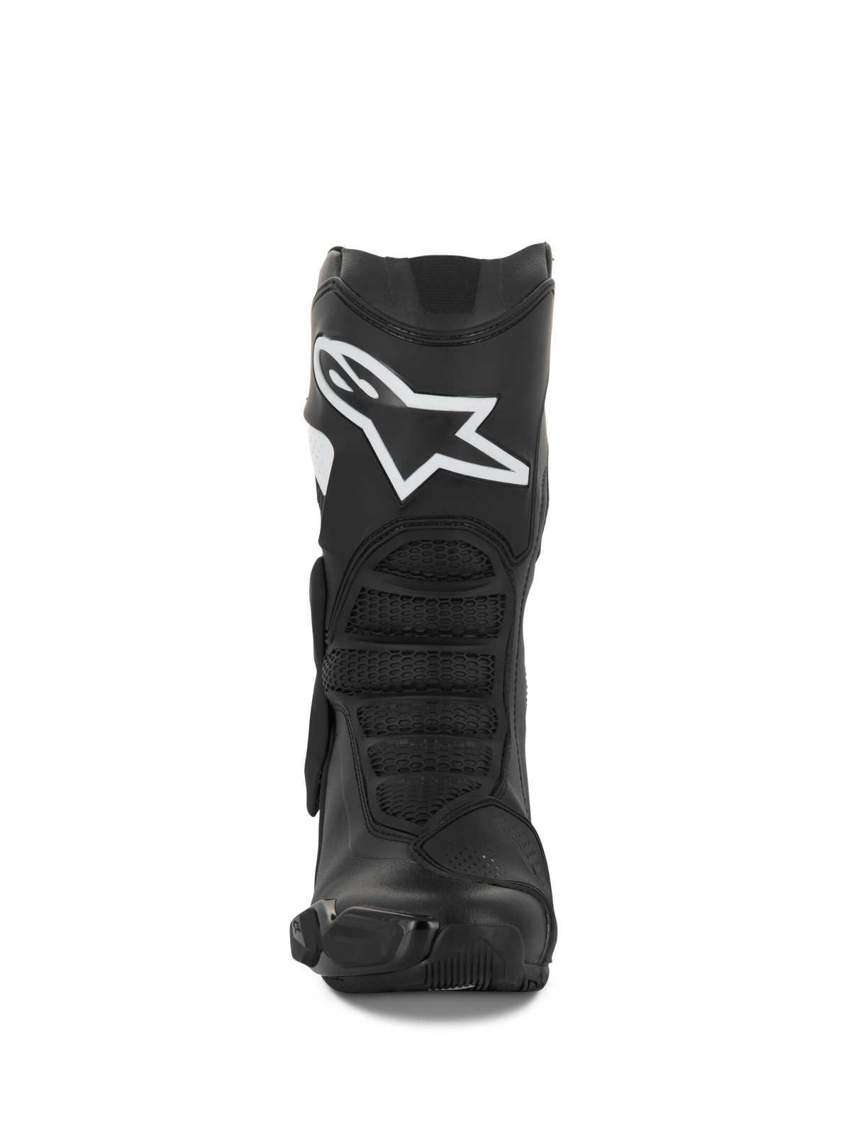 Botas Alpinestars Stella SMX-6 V3, botas de motociclismo para mulher, pretas e brancas, vista frontal destacando o logótipo branco da Alpinestars na canela, proteção em TPU e painéis flexíveis ergonómicos, concebidas para desempenho em pista e estrada.