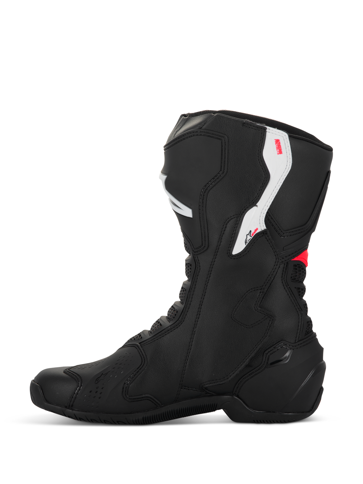 Botas Alpinestars Stella SMX-6 V3, botas de motociclismo para mulher, preto, branco e rosa Diva, vista de perfil lateral, com construção em microfibra, proteção de tornozelo e canela em TPU e design aerodinâmico para condução em pista e estrada.