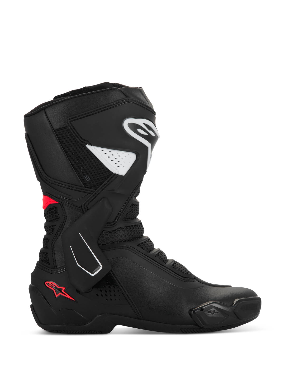 Botas Alpinestars Stella SMX-6 V3, botas de motociclismo desportivas para mulher, pretas com detalhes em branco e rosa Diva, perfil lateral com proteção de canela e tornozelo em TPU, painéis flexíveis em malha e construção em microfibra de alto desempenho para pista e estrada.