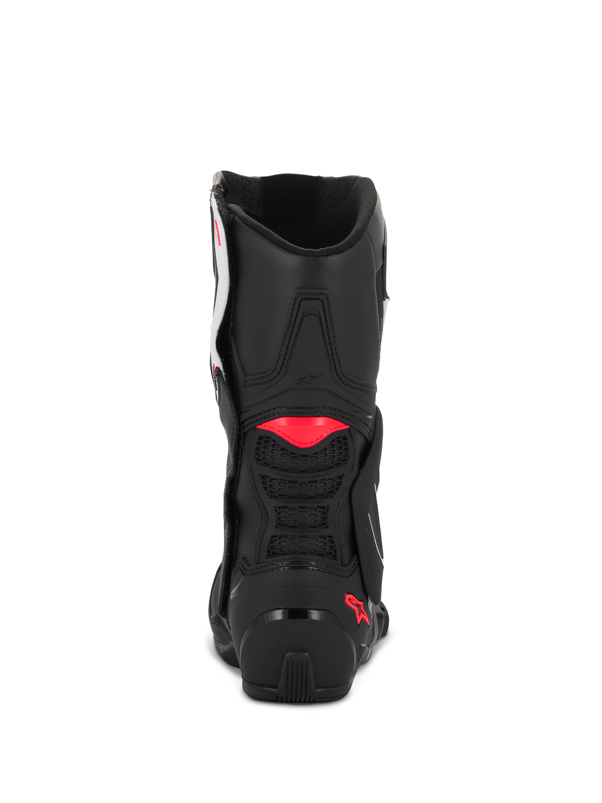 Botas Alpinestars Stella SMX-6 V3, Preto Branco Diva Pink, vista traseira mostrando a construção em microfibra preta, detalhes em TPU rosa na panturrilha e no calcanhar, e ventilação em malha integrada para desempenho em condução desportiva