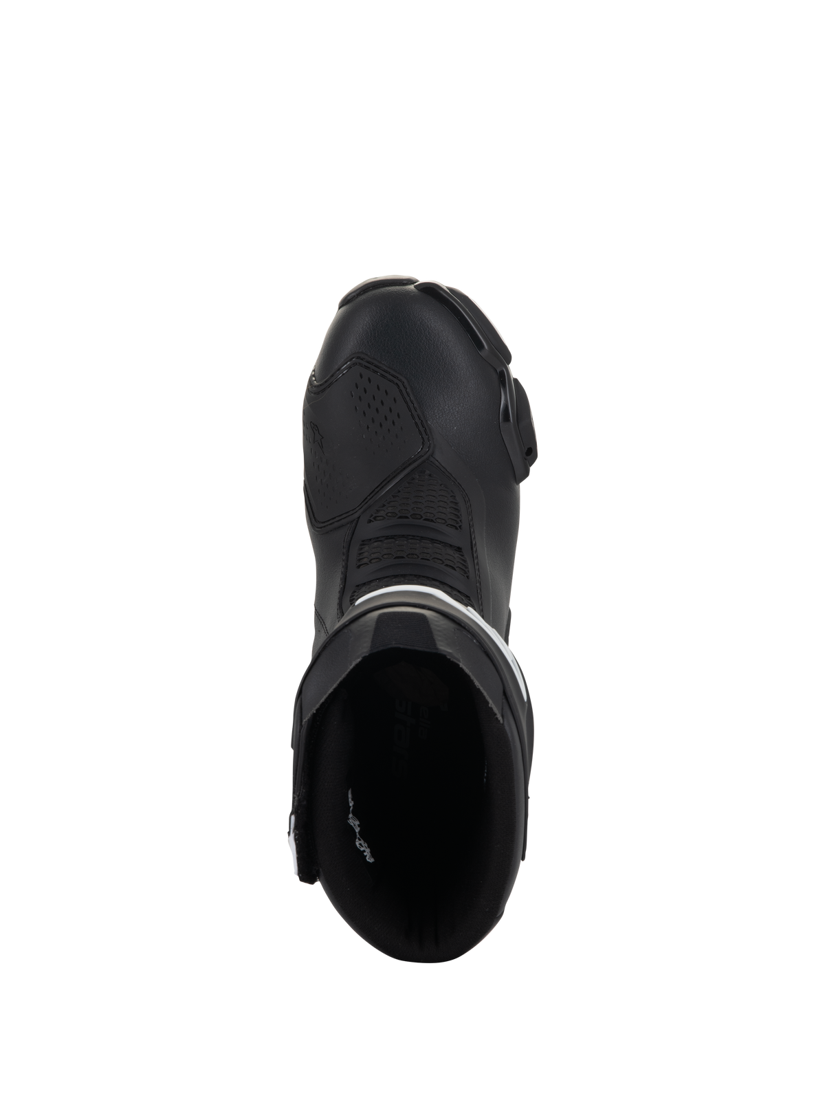 Alpinestars Stella SMX-6 V3 Boots, botas de motociclismo de corrida e desporto para mulher, pretas e brancas, vista superior mostrando a abertura de entrada e a biqueira aerodinâmica, construção em microfibra durável.