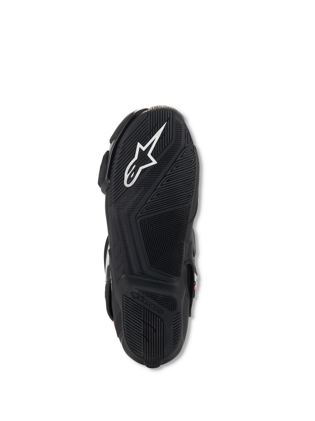 Botas Alpinestars Stella SMX-6 V3, vista da sola, borracha leve preta com padrões de aderência texturizados, com logótipo Alpinestars branco e marca em relevo para tração e controlo dos pedais