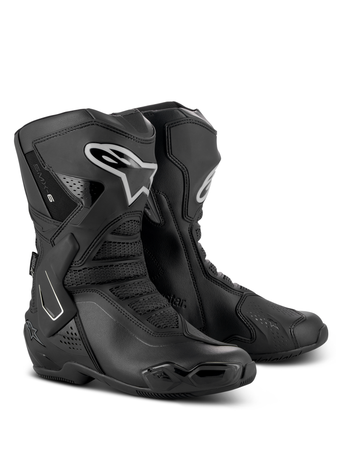 Alpinestars Stella SMX-6 V3 Drystar Boots, botas de alto desempenho para mulher, pretas e prateadas, parte superior em microfibra impermeável com proteção em TPU, design derivado da competição para pista e rua
