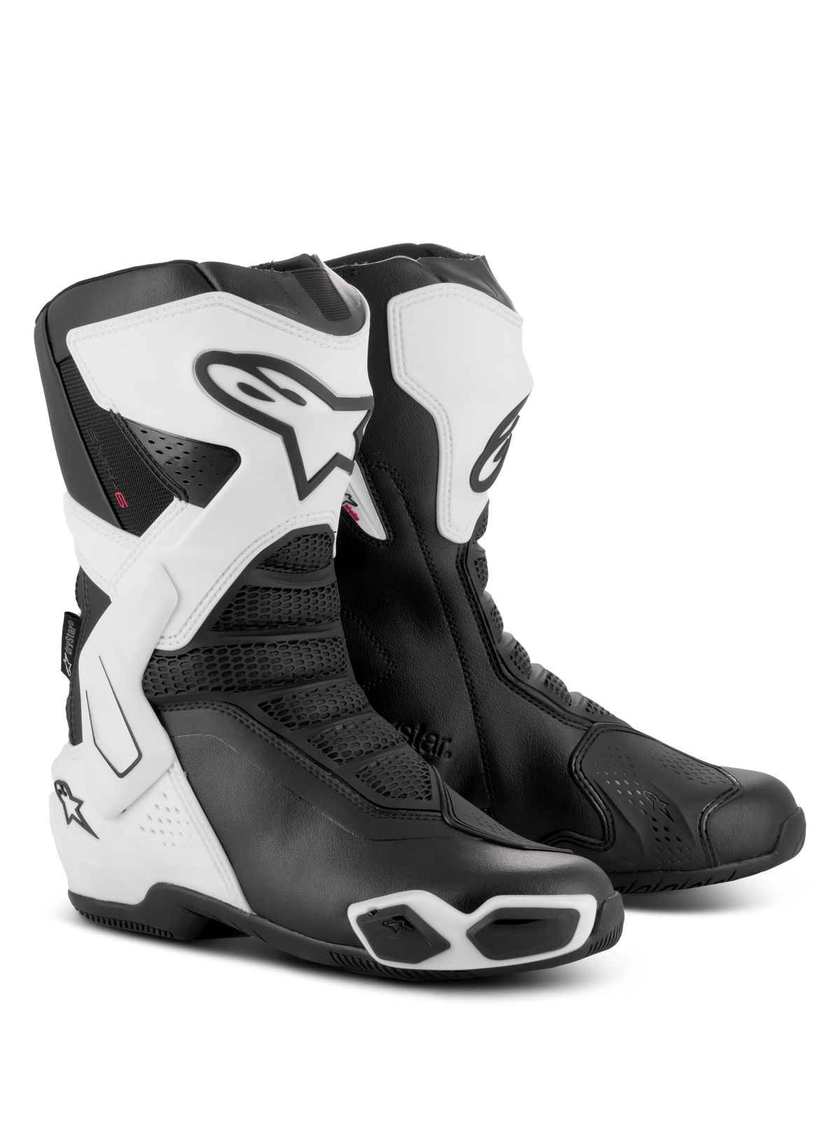 Botas Alpinestars Stella SMX-6 V3 Drystar®, botas de condução de performance para mulher, brancas e pretas, com placas de canela protetoras em TPU, suportes laterais para o tornozelo e sliders integrados, design desportivo com logótipo Alpinestars em destaque e detalhes em malha